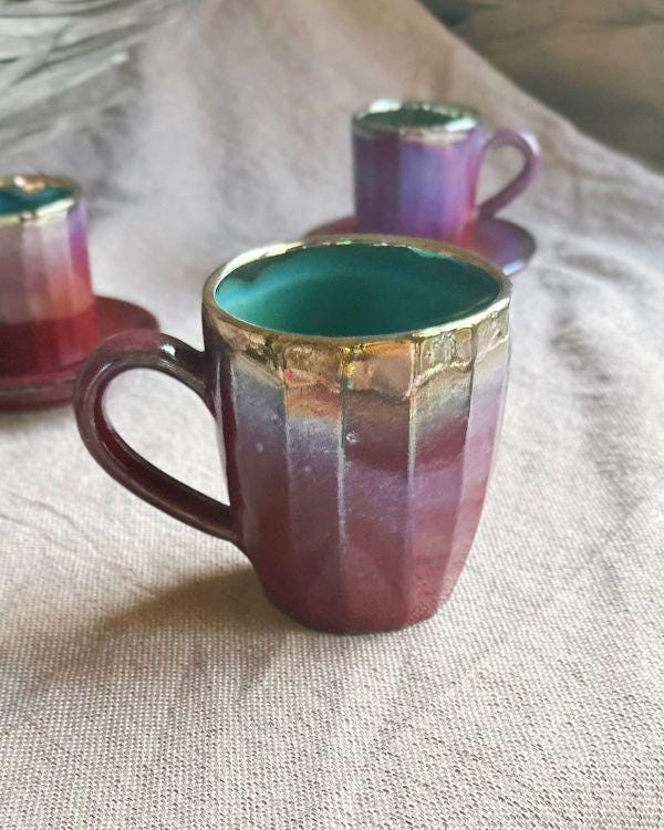 Violet & Burgundy Mug with Metallic Gold Rim | Dishwasher and microwave-safe | Artisan Handmade | For coffee, latte, cappuccino, tea, herbs