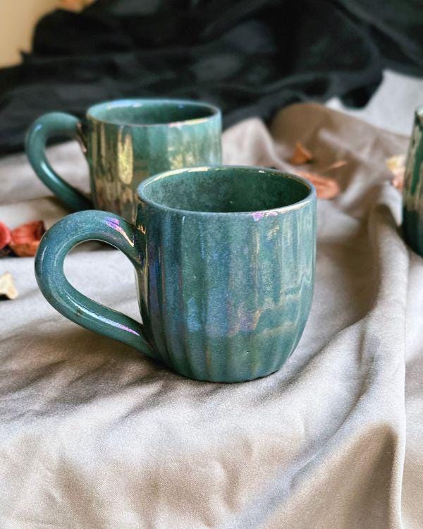 Metallic/Iridescent Green/Teal Cups | for Coffee, Tea, Espresso, and More | Handmade Ceramic Mugs