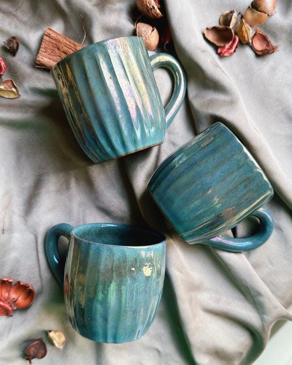 Metallic/Iridescent Green/Teal Cups | for Coffee, Tea, Espresso, and More | Handmade Ceramic Mugs
