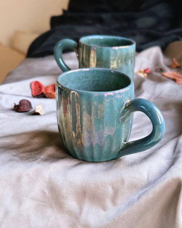Metallic/Iridescent Green/Teal Cups | for Coffee, Tea, Espresso, and More | Handmade Ceramic Mugs
