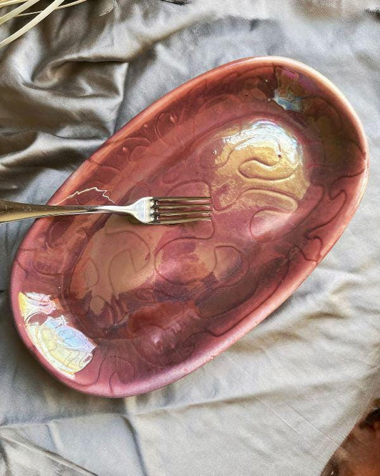 Crimson/Maroon Platter with Abstract Pattern | Metallic Shimmer | Artisan Handmade | Festive Tray | Medium-Sized