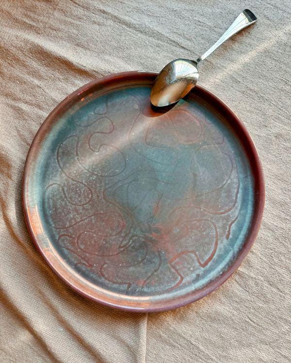 Handcrafted Faded Teal Plate | Subtle Metallic Maroon Sheen & Light Effects | Egyptian Artisan Serving Dish