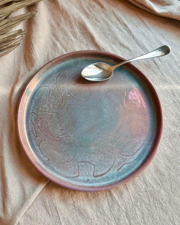 Handcrafted Faded Teal Plate | Subtle Metallic Maroon Sheen & Light Effects | Egyptian Artisan Serving Dish