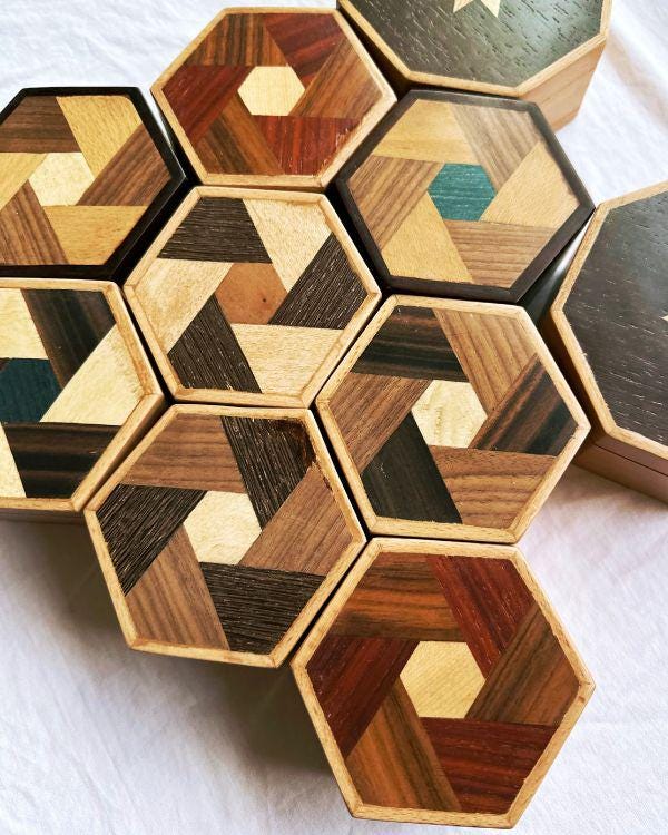 Handmade Wooden Hexagon Box with Velvet Lining – Geometric Marquetry Keepsake, Jewelry or Gift Box