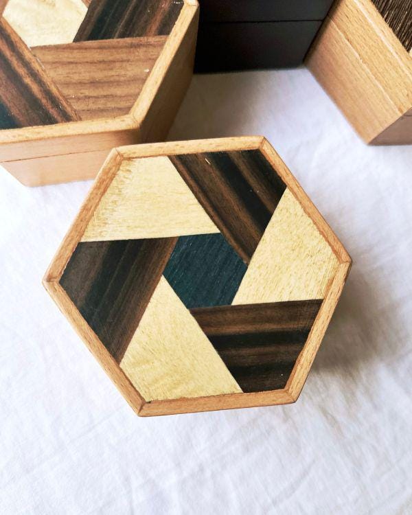 Handmade Wooden Hexagon Box with Velvet Lining – Geometric Marquetry Keepsake, Jewelry or Gift Box