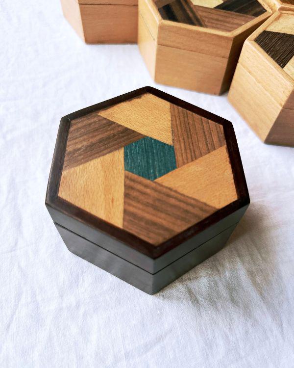 Handmade Wooden Hexagon Box with Velvet Lining – Geometric Marquetry Keepsake, Jewelry or Gift Box