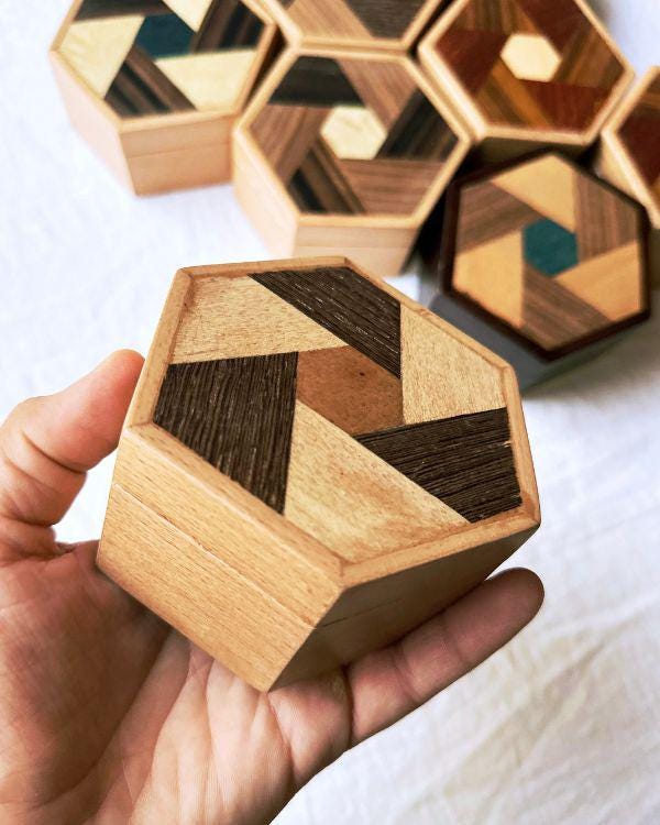 Handmade Wooden Hexagon Box with Velvet Lining – Geometric Marquetry Keepsake, Jewelry or Gift Box
