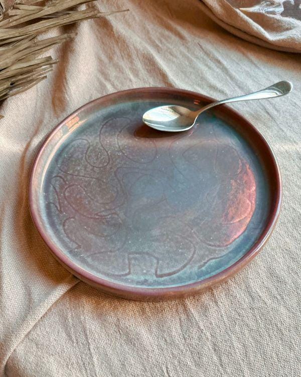 Handcrafted Faded Teal Plate | Subtle Metallic Maroon Sheen & Light Effects | Egyptian Artisan Serving Dish