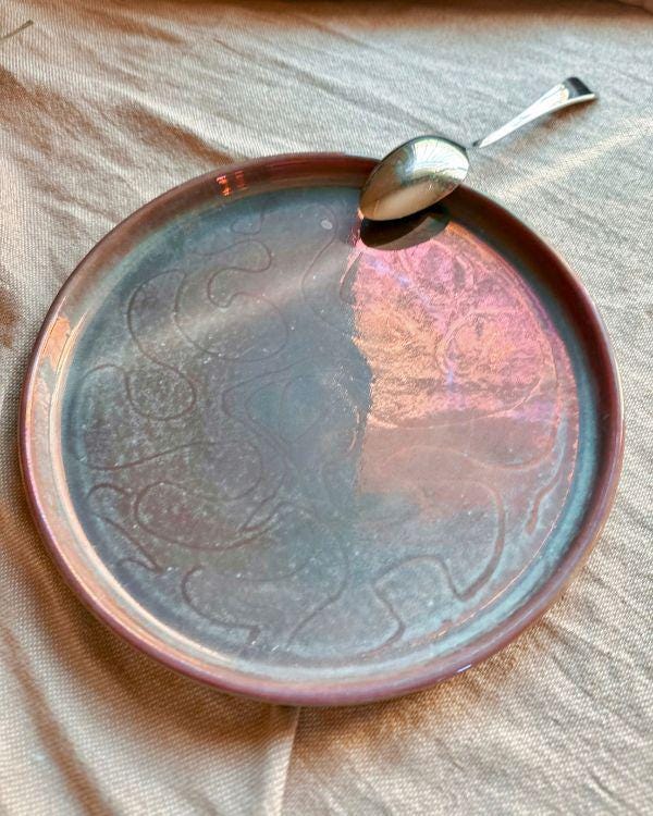 Handcrafted Faded Teal Plate | Subtle Metallic Maroon Sheen & Light Effects | Egyptian Artisan Serving Dish