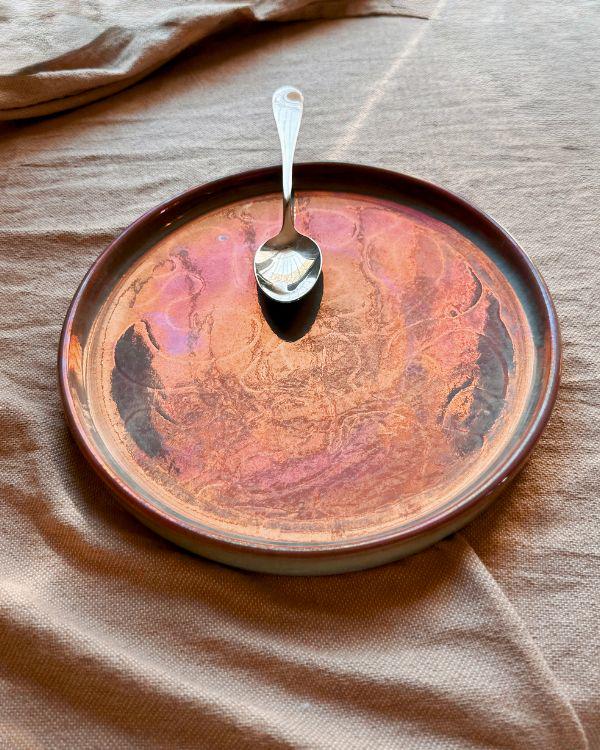Handcrafted Faded Teal Plate | Subtle Metallic Maroon Sheen & Light Effects | Egyptian Artisan Serving Dish