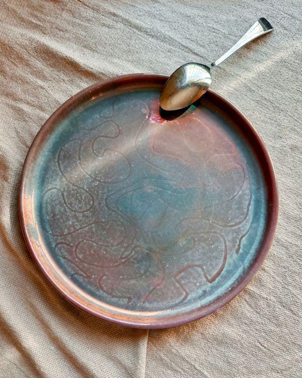 Handcrafted Faded Teal Plate | Subtle Metallic Maroon Sheen & Light Effects | Egyptian Artisan Serving Dish
