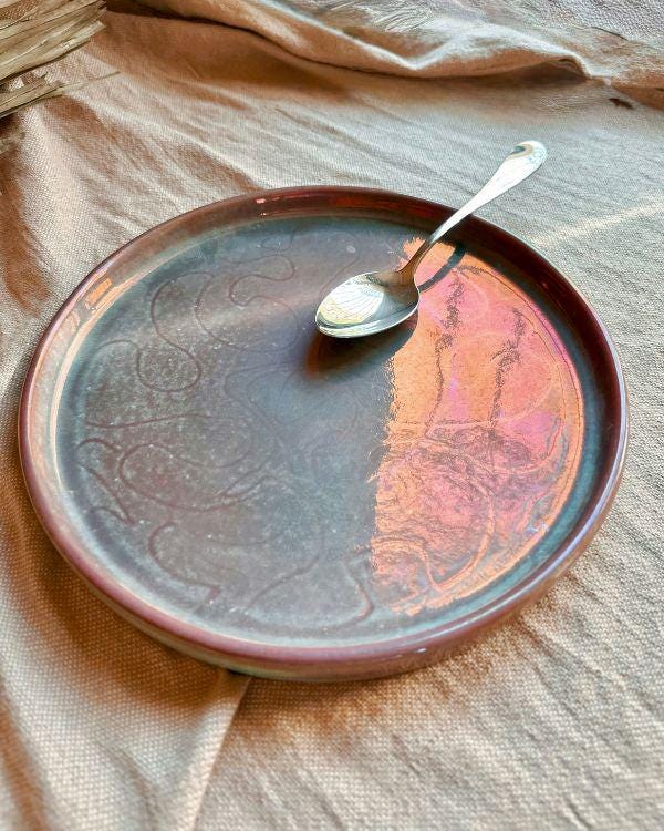 Handcrafted Faded Teal Plate | Subtle Metallic Maroon Sheen & Light Effects | Egyptian Artisan Serving Dish