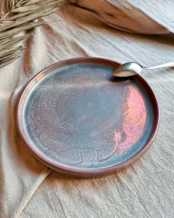 Handcrafted Faded Teal Plate | Subtle Metallic Maroon Sheen & Light Effects | Egyptian Artisan Serving Dish