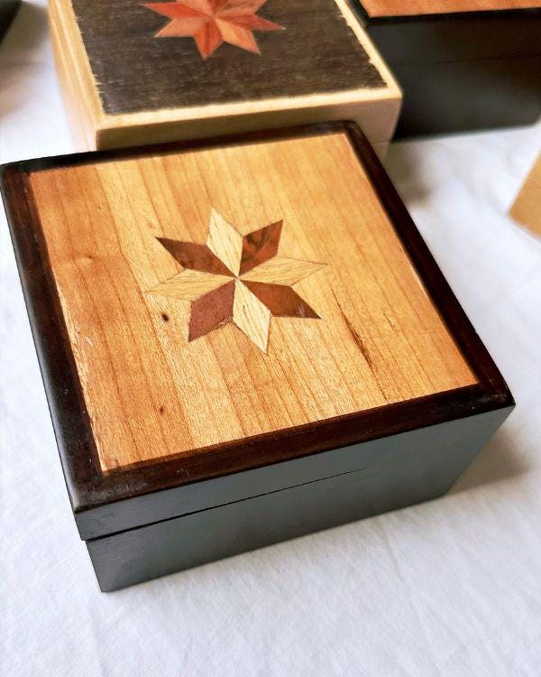 Square Wooden Star Inlay Box with Velvet Lining – Handmade Keepsake Jewelry Box, Marquetry Gift Box