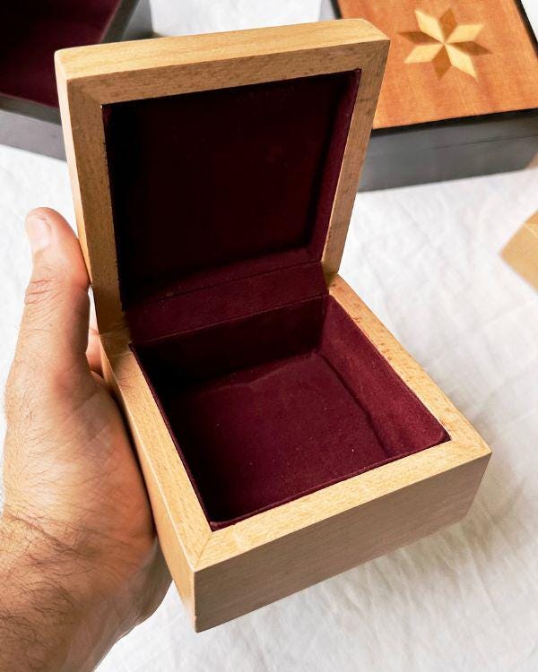 Square Wooden Star Inlay Box with Velvet Lining – Handmade Keepsake Jewelry Box, Marquetry Gift Box