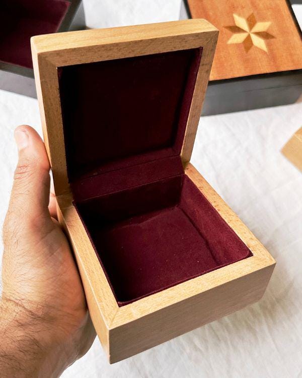 Square Wooden Star Inlay Box with Velvet Lining – Handmade Keepsake Jewelry Box, Marquetry Gift Box