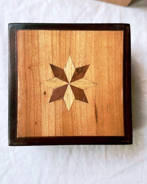 Square Wooden Star Inlay Box with Velvet Lining – Handmade Keepsake Jewelry Box, Marquetry Gift Box