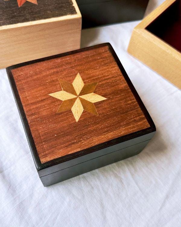 Square Wooden Star Inlay Box with Velvet Lining – Handmade Keepsake Jewelry Box, Marquetry Gift Box