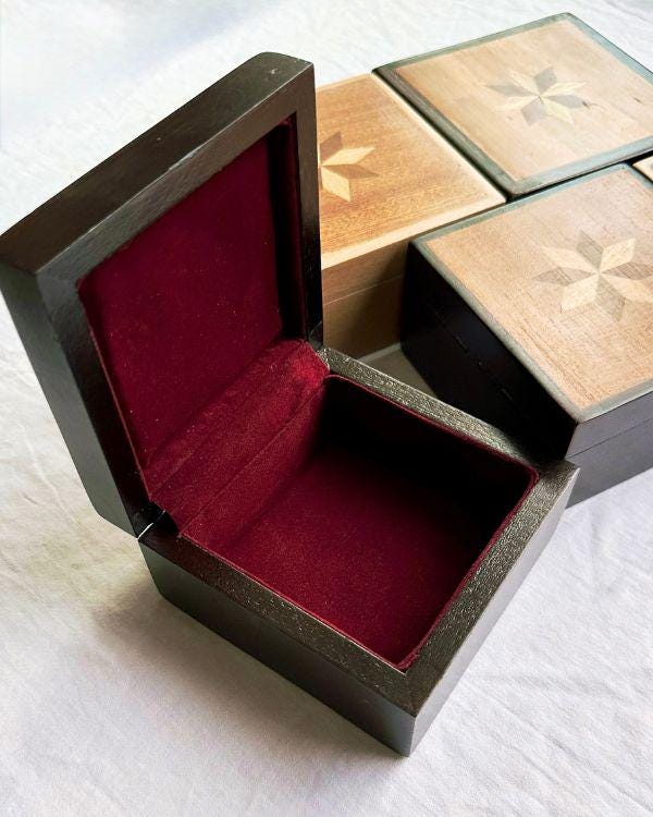 Square Wooden Star Inlay Box with Velvet Lining – Handmade Keepsake Jewelry Box, Marquetry Gift Box