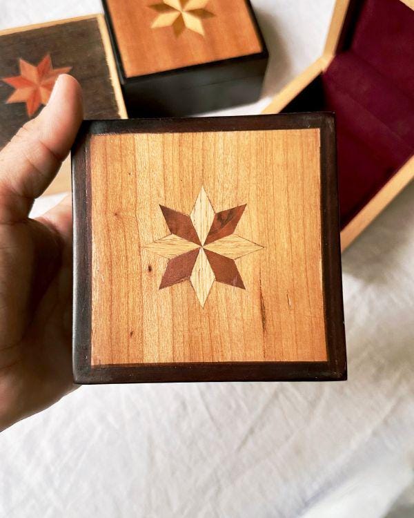 Square Wooden Star Inlay Box with Velvet Lining – Handmade Keepsake Jewelry Box, Marquetry Gift Box