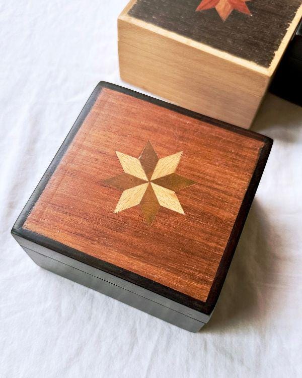 Square Wooden Star Inlay Box with Velvet Lining – Handmade Keepsake Jewelry Box, Marquetry Gift Box