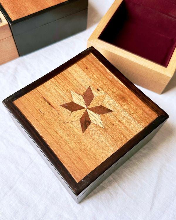 Square Wooden Star Inlay Box with Velvet Lining – Handmade Keepsake Jewelry Box, Marquetry Gift Box