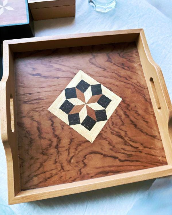 Square Wooden Tray | Natural Wood | Geometric Star Inlay | Table Tray | Boho Rustic Home Decor