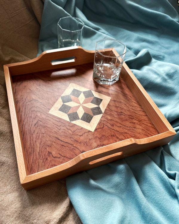 Square Wooden Tray | Natural Wood | Geometric Star Inlay | Table Tray | Boho Rustic Home Decor