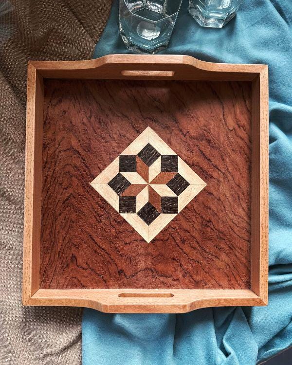 Square Wooden Tray | Natural Wood | Geometric Star Inlay | Table Tray | Boho Rustic Home Decor