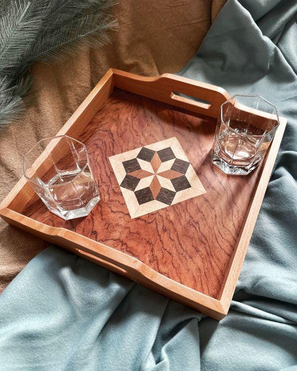 Square Wooden Tray | Natural Wood | Geometric Star Inlay | Table Tray | Boho Rustic Home Decor