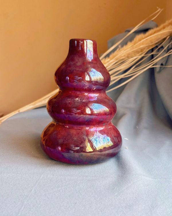 Sculpted Raspberry Vase | Handmade Iridescent Ceramic Vase with Glossy Crimson-Raspberry Glaze