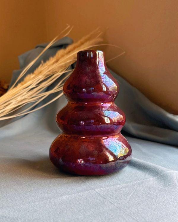 Sculpted Raspberry Vase | Handmade Iridescent Ceramic Vase with Glossy Crimson-Raspberry Glaze