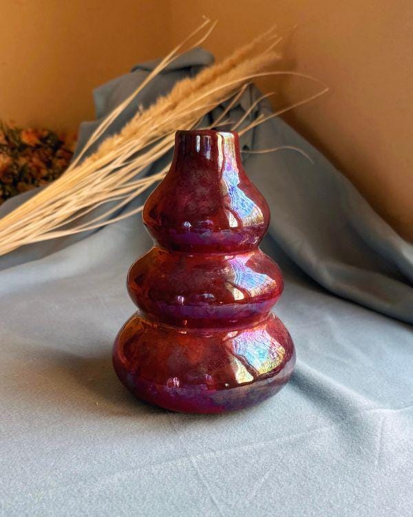 Sculpted Raspberry Vase | Handmade Iridescent Ceramic Vase with Glossy Crimson-Raspberry Glaze