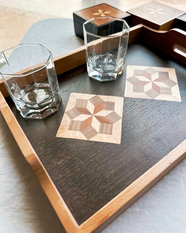 Square Wooden Tray | Natural Wood | Geometric Star Inlay | Table Tray | Boho Rustic Home Decor