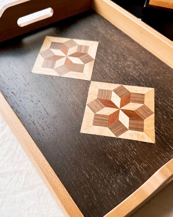 Square Wooden Tray | Natural Wood | Geometric Star Inlay | Table Tray | Boho Rustic Home Decor