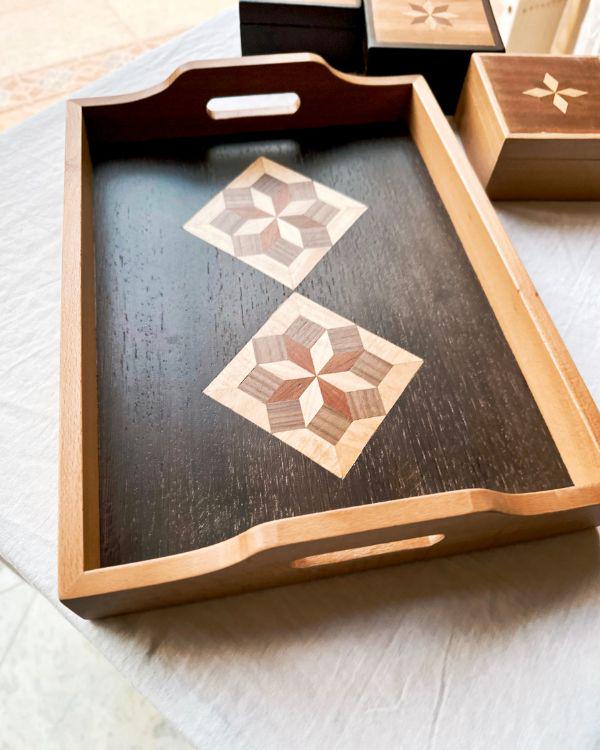 Square Wooden Tray | Natural Wood | Geometric Star Inlay | Table Tray | Boho Rustic Home Decor