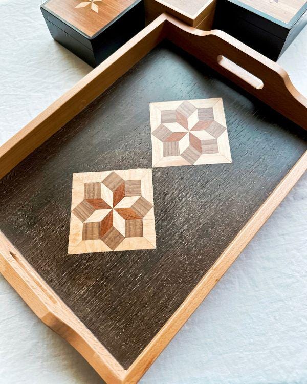 Square Wooden Tray | Natural Wood | Geometric Star Inlay | Table Tray | Boho Rustic Home Decor