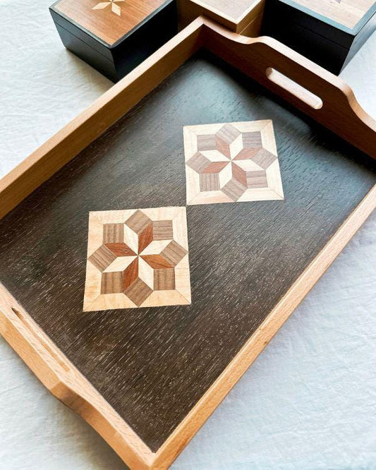 Square Wooden Tray | Natural Wood | Geometric Star Inlay | Table Tray | Boho Rustic Home Decor