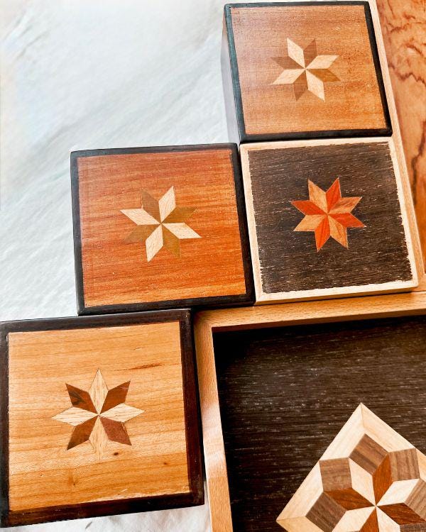 Square Wooden Star Inlay Box with Velvet Lining – Handmade Keepsake Jewelry Box, Marquetry Gift Box