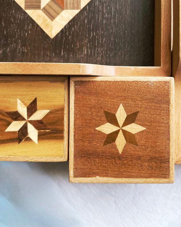 Square Wooden Star Inlay Box with Velvet Lining – Handmade Keepsake Jewelry Box, Marquetry Gift Box