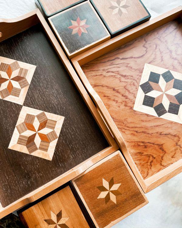 Square Wooden Star Inlay Box with Velvet Lining – Handmade Keepsake Jewelry Box, Marquetry Gift Box