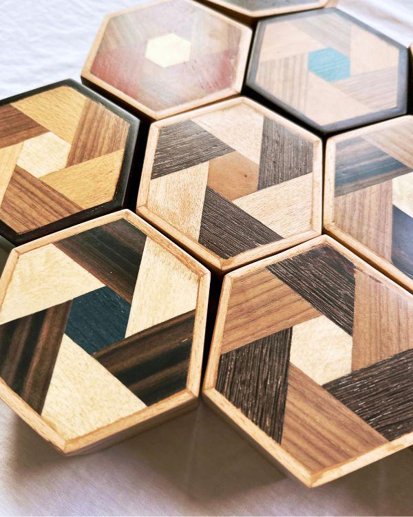 Handmade Wooden Hexagon Box with Velvet Lining – Geometric Marquetry Keepsake, Jewelry or Gift Box