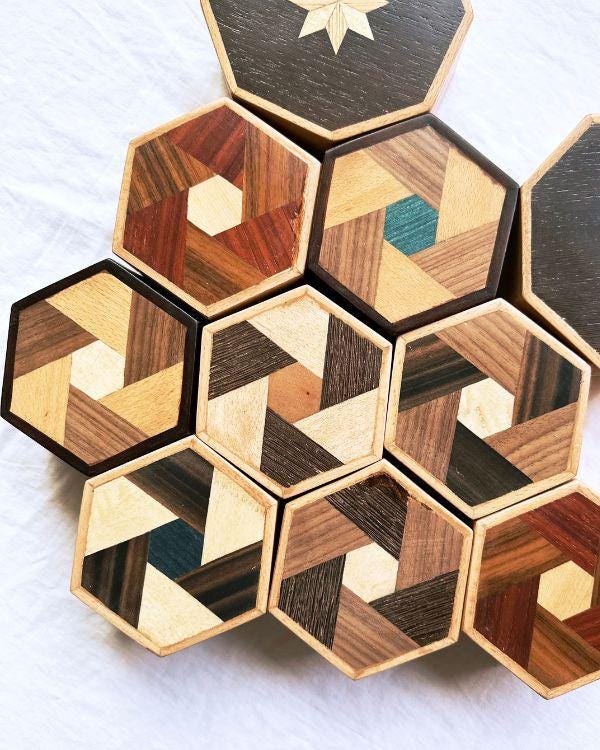 Handmade Wooden Hexagon Box with Velvet Lining – Geometric Marquetry Keepsake, Jewelry or Gift Box