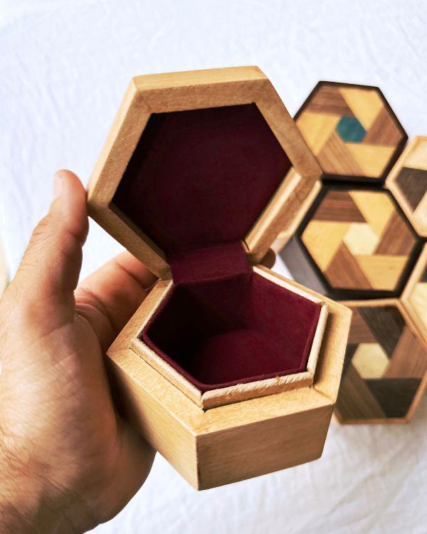 Handmade Wooden Hexagon Box with Velvet Lining – Geometric Marquetry Keepsake, Jewelry or Gift Box