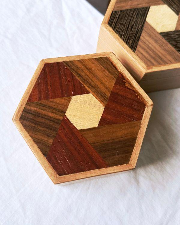 Handmade Wooden Hexagon Box with Velvet Lining – Geometric Marquetry Keepsake, Jewelry or Gift Box