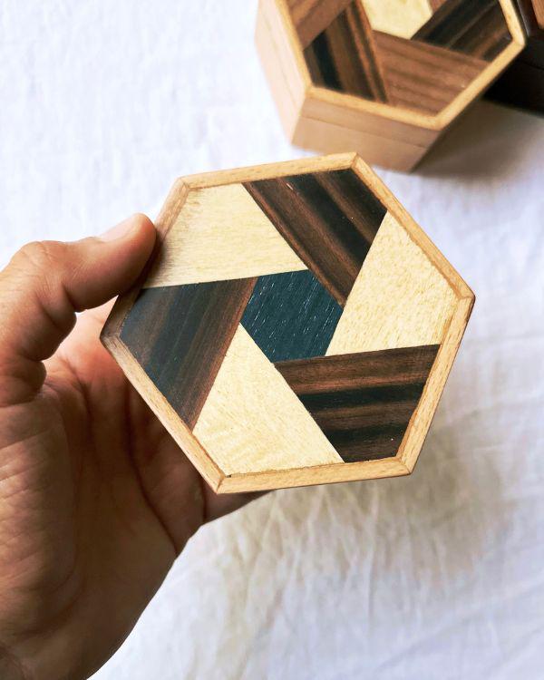 Handmade Wooden Hexagon Box with Velvet Lining – Geometric Marquetry Keepsake, Jewelry or Gift Box