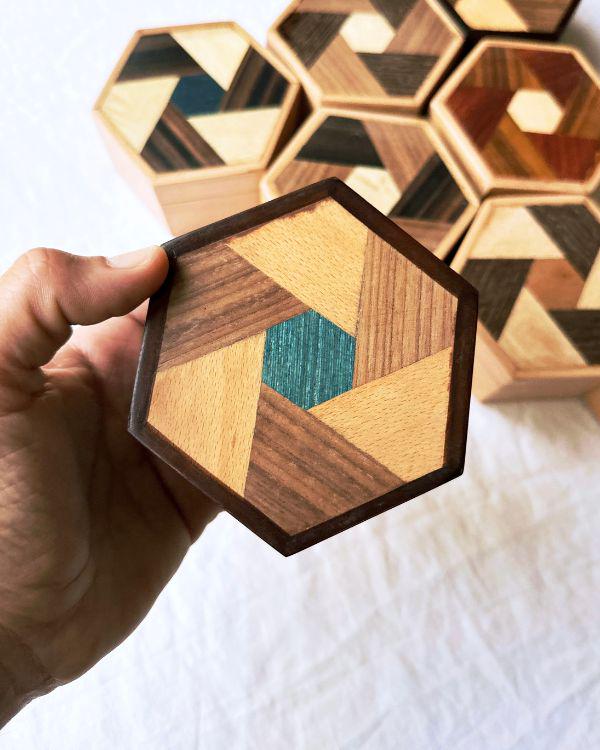 Handmade Wooden Hexagon Box with Velvet Lining – Geometric Marquetry Keepsake, Jewelry or Gift Box