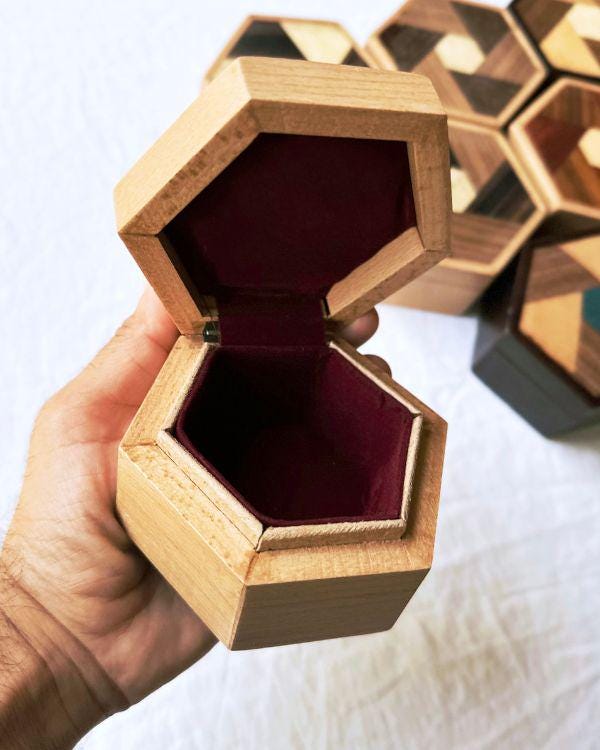 Handmade Wooden Hexagon Box with Velvet Lining – Geometric Marquetry Keepsake, Jewelry or Gift Box