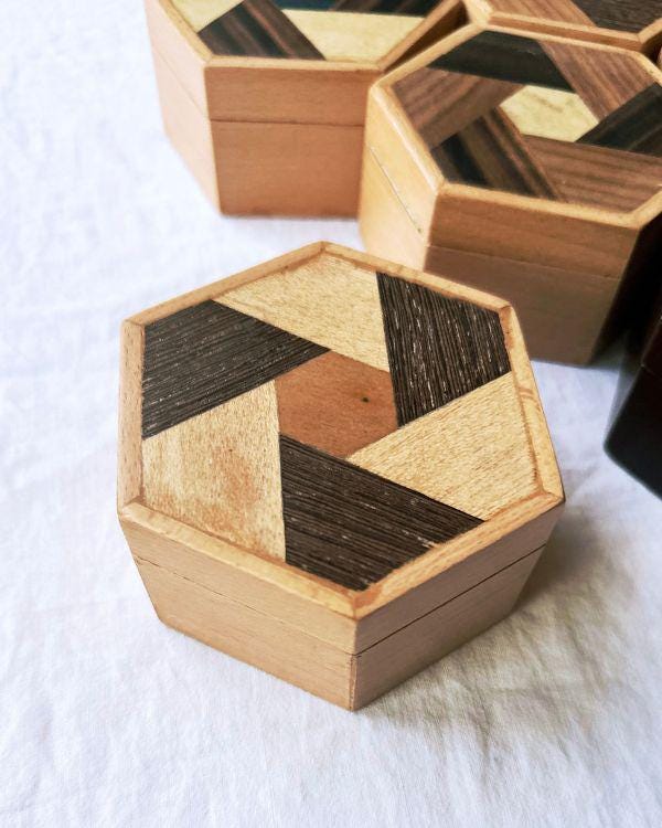 Handmade Wooden Hexagon Box with Velvet Lining – Geometric Marquetry Keepsake, Jewelry or Gift Box
