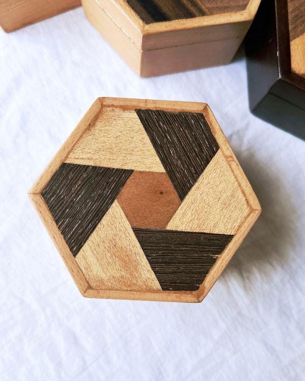 Handmade Wooden Hexagon Box with Velvet Lining – Geometric Marquetry Keepsake, Jewelry or Gift Box